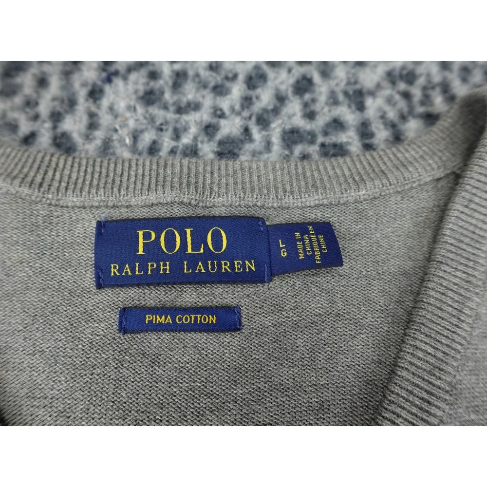 Polo Ralph Lauren V-Neck Sweater Mens Large Grey Pima Cotton Pony Logo